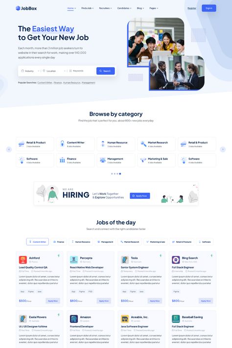 JobBox is a professional and stylish Job Board & Career Portal WordPress theme designed for recruitment agencies and job boards. The theme features a clean and modern design, with customizable categories, filters, and search options, making it easy for job seekers to find the right job. The theme is built with powerful features, such as job alerts, application tracking, and resume management, making it easy for employers to manage job postings and applicant submissions. Website Search Design, Web Design Categories, Website Categories Design, Job Board Design, Jobs Website Design, Recruitment Website Design Inspiration, Job Search Website, Directory Website Design, Website Category Design