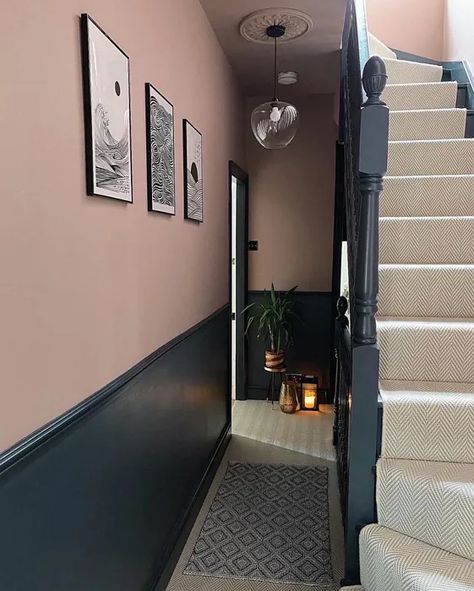 Pink Hallway Ideas, Farrow And Ball Sulking Room, Hallway And Stairs Ideas, Victorian Terrace Hallway, Hallway Wall Colors, Sulking Room Pink, Stairs And Hallway Ideas, Pink Hallway, Stair Paneling