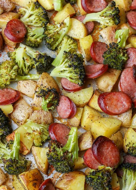 Sheet Pan Potatoes with Broccoli and Kielbasa Sausage Potatoes Broccoli, Sausage Potatoes Broccoli Sheet Pan, Dinner Ideas With Broccoli And Potatoes, Sheet Tray Meal Prep, Broccoli And Kielbasa Recipes, Kielbasa Veggie Sheet Pan Dinner, Sheet Pan Dinners Broccoli, Kolbasa And Potatoes, Sausage Potato Veggie One Pan