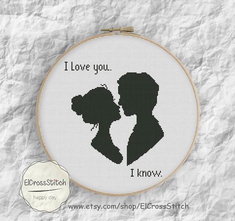 Love You I Know,  - cross stitch pattern. SIZE: Dimensions (14-count aida): 8.3 x 7 inches / 21.41h x 18.51w cm (18-count aida): 6.3 x 5.5 inches /16.65h x 14.39w Fabric:Any fabric you like Types of stitches: Cross stitch only Skill Level:Easy ONLY PATTERN! This PDF file counted cross stitch pattern is available for instant download. This PDF pattern Included: - Cross stitch instructions - Color image of the finished design - Color Block Chart - Color Floss Legend with DMC stranded cotton. In or Wedding Lasso, Cross Stitch Quotes, Tiny Cross Stitch, Wedding Cross Stitch, Embroidery Online, Wedding Cross, Star Cross, Types Of Stitches, Han Solo