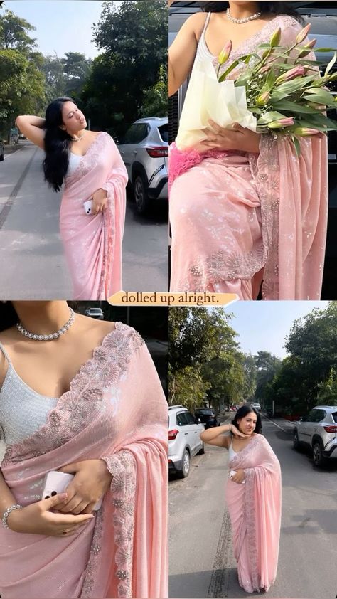 Farewell Saree Look Ideas, Ethnic Day Outfits College Saree, College Farewell Saree Ideas, Pink Saree Aesthetic, Saree Instagram Story, Saree Photo Ideas, Aesthetic Sarees, Farewell Sarees Colleges, Pink Saree Look