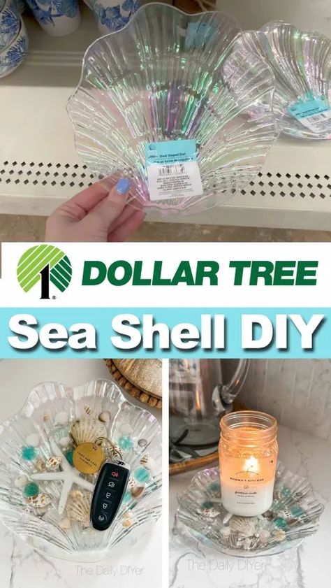 Dollar Tree sea shell tray DIY Diy Ocean Bathroom Decor, Dollar Tree Beach Decor Diy Bathroom, Beach Crafts For Adults Diy, Dollar Tree Ocean Decor, Dollar Tree Mermaid Decor, Seashell Centerpieces Diy, Mermaid Dollar Tree Diy Decor, Beach Theme Centerpieces Dollar Stores, Dollar Tree Shell Wreath