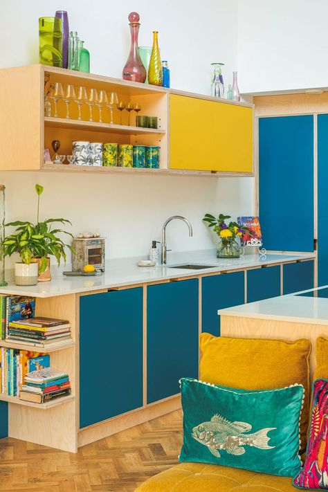 Blue and Yellow Plywood Kitchen with open kitchen shelving Blue Kitchen Interior, Open Kitchen Shelving, Vibrant Kitchen, Kitchen Shelving, Plywood Kitchen, Kitchen Time, U Shaped Kitchen, Sustainable Kitchen, Integrated Handles