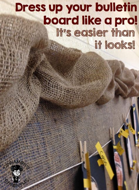 Burlap Bulletin Board. Reggio inspired, natural decor, easy to create! Burlap Border Bulletin Board How To, Natural Bulletin Board, Burlap Classroom Decor Bulletin Boards, Reggio Inspired Bulletin Boards, Natural Classroom Decor Reggio Inspired, Rustic Bulletin Board Ideas, Natural Bulletin Board Ideas, Burlap Border Bulletin Board, Reggio Bulletin Boards