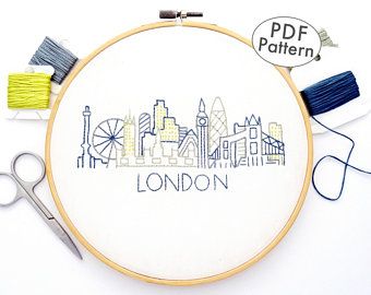 Hand Embroidery Patterns Inspired by Travel by WanderingThreadsArt Map Embroidery Ideas, World Map Embroidery Pattern, London Embroidery Pattern, Building Embroidery, City Embroidery Patterns, New York City Embroidery, Philadelphia Skyline, French Knot Stitch, London Gifts