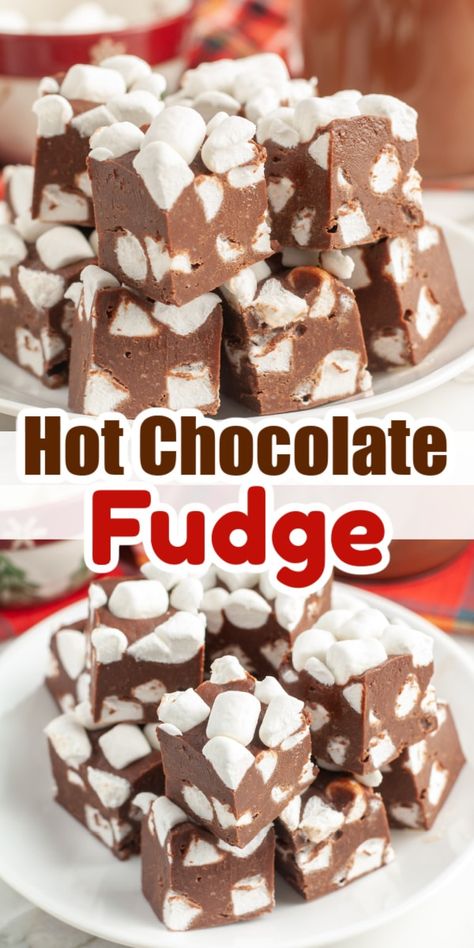 Hot chocolate fudge is full of hot chocolate flavor and mini marshmallows. Using a mixture of chocolate chips along with packets of hot cocoa for this delicious treat. Recipes Using Hot Chocolate Packets, Chocolate Fudge Christmas, Recipes Using Hot Fudge Sauce, Hot Chocolate Baked Goods, Christmas Baking With Marshmallows, Hot Chocolate Baking Recipes, Hot Chocolate Packet Recipes, Hot Cocoa Dessert Recipes, Christmas Chocolate Fudge