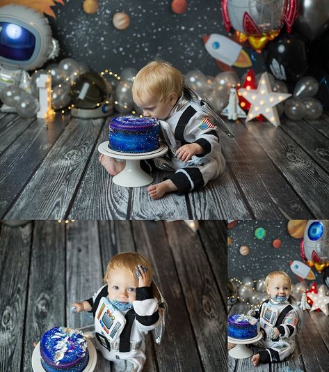 Smash Cake Astronot, Outer Space 1st Birthday Photoshoot, Space Smash Cake Photos, Space Cake Smash Session, Space Birthday Party Backdrops, Astronaut Cake Smash, Galaxy Smash Cake 1st Birthdays, Rocket Ship Smash Cake, 1st Birthday Space Theme Smash Cake