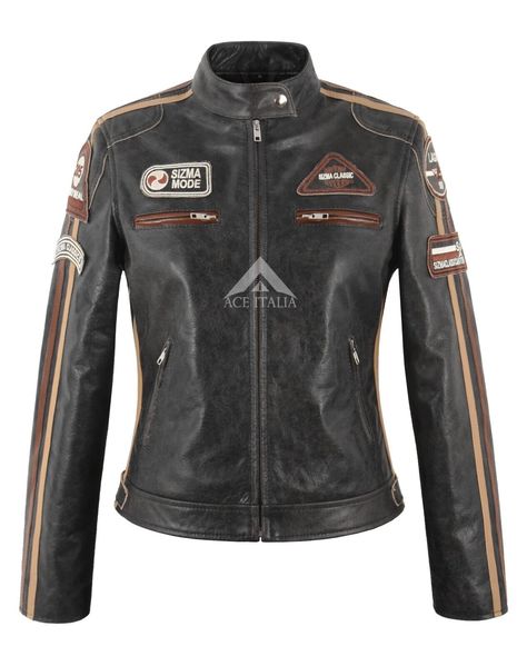 SIZMA Ladies Leather Jacket Buffalo Cracker Vintage Retro Biker Motorcycle Style Jacket LDS 5011 Description :- Inspired by the leather jacket worn in Detective Tanner's. With  SIZMA Motorcycle logo. Made from genuine real soft lambskin leather. A very good quality jacket which will fit nicely on any Lady. 4 outside pockets and inside pocket as well. Real leather ages beautifully with time. It takes on the character of the wearer. Natural leather is breathable so you wont feel sticky and suffocated as you do with PVC/Synthetic imitation. Features :- Made from soft sheep Napa leather the jacket sits perfectly on the  body and feels comfortable to wear. Funnel collar, Center Zip Fastening, Sleeve with zip closure, -Zips on waist side with press studs to adjust the fitting. 2 Outer waist Pock Retro Biker Style, Ladies Leather Jacket, Bike Leathers, Stylish Leather Jacket, Motorcycle Logo, Womens Biker Jacket, Motorcycle Style, Leather Motorcycle Jacket, Biker Style