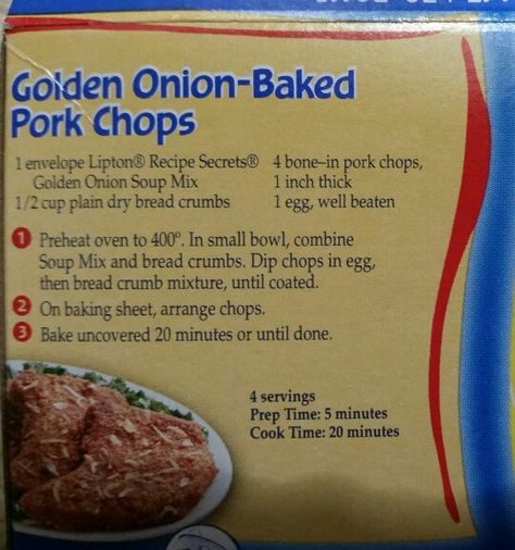 Lipton Recipe Secrets Golden Onion baked pork chops. Takes longer than 20 mins typically. Baked Pork Chops With Lipton Onion Soup, Pork Chop Lipton Onion Soup Recipe, Pork Chops Onion Soup Mix Lipton, Pork Chops With Lipton Onion Soup, Lipton Onion Soup Pork Chops, Lipton Onion Soup Mix Recipes Pork Chops, Lipton Recipe Secrets, Lipton Onion Pork Chops, Lipton Onion Soup Mix Pork Chops