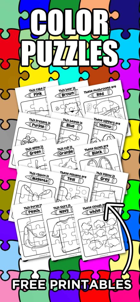 Have lots of fun with these printable color puzzles. Learn the different colors through these 15 different printable jigsaw puzzles. March Crafts, Rainbow Printable, Color Puzzle, Colouring Page, Colouring Printables, Rainbow Crafts, Art Activities For Kids, Puzzle Set, Learning Colors