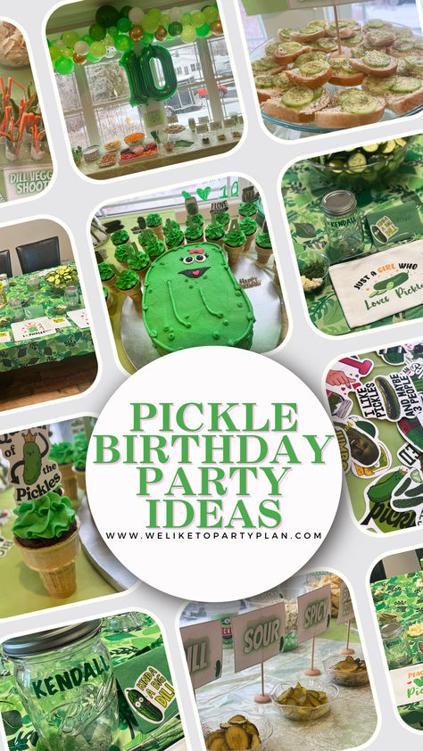 Get in a pickle and celebrate turning 10 with a dill-ightful pickle party! From pickled flavored foods to homemade pickles in personalized jars, this party is a pickle lover's dream come true. Don't forget the pickle cake for a quirky and delicious twist. Perfect for a unique and memorable birthday celebration! #PickleParty #BirthdayCelebration #bigdill #picklecake #picklefood #picklefavors #weliketoparty #partysupplies #diy Pickle Party Favors, One Big Dill Birthday, Pickle Party Food, Dill Pickle Birthday Party, Pickle Tray Ideas Parties, Pickle Birthday Cakes, Pickle Themed Party, Pickle Party Decorations, Pickle Party Ideas