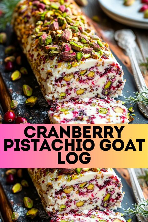 Cranberry Pistachio Goat Cheese Log is a delightful and festive appetizer that combines the creamy tang of goat cheese with the sweetness… Pistachio Goat Cheese, Cheese Log Recipes, Goat Cheese Log, Festive Holiday Desserts, Goat Cheese Appetizer, Creamy Goat Cheese, Cheese Log, Festive Appetizers, Cranberry Pistachio