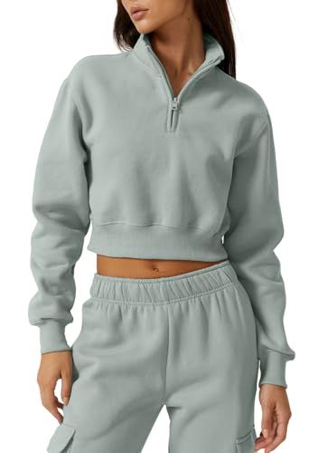 QINSEN Womens Half Zip Crop Sweatshirt High Neck Long Sleeve Pullover Cropped Top Fasion Outfits, Fashion Hoodies, High Neck Long Sleeve, Crop Sweatshirt, Zip Sweater, Cropped Top, Long Sleeve Pullover, Half Zip, Hoodie Fashion