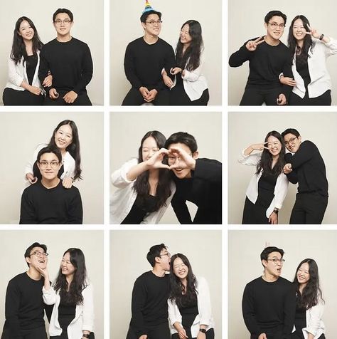 Korean Photobox Couple, Couple Selfie Pose Reference, Self Studio Poses Couple, Couple Poses Reference Studio, Self Studio Photoshoot Couple Korean, Self Portrait Photography Couple Studio, Self Photoshoot Studio Poses Couple, Couple Portrait Studio Photo Poses, Korean Self Photo Studio Pose