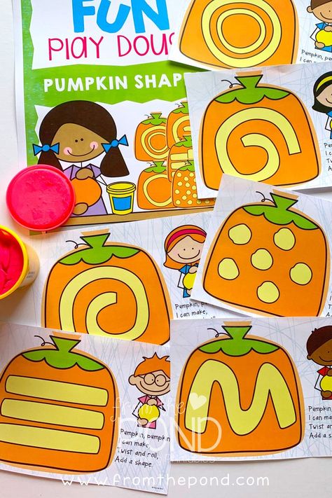 Pumpkin Gross Motor For Toddlers, Halloween Play Dough Mats, Fall Play Doh Mats, Fall Center Activities Preschool, Shape Pumpkin Craft, Halloween Shapes Preschool, Pumpkin Theme Preschool Activities, Halloween Playdough Mats, Pumpkin Play Dough