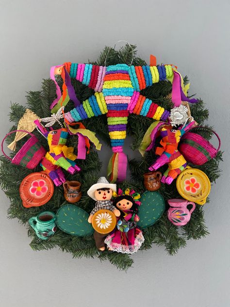 Mexican Inspired Christmas Decor, Mexican Theme Christmas Tree Ornaments, Mexican Christmas Wreath, Mexican Christmas Tree Ideas, Mexican Theme Christmas Tree, Mexican Wreath, Mexican Christmas Ornaments, Mexican Christmas Tree, Mexican Paper Flowers