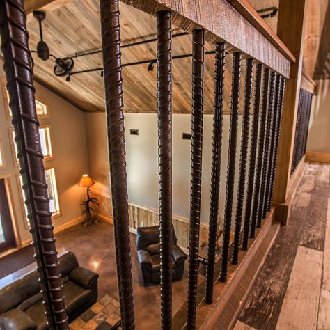 Custom finishings like this attractive rebar railing is what help turn each of our projects into a unique Legacy. #buildyourlegacy Loft Handrail Ideas, Rebar Railing, Banister Remodel, Loft Railing, Rustic Staircase, Rustic Stairs, Railing Ideas, Wood Railing, Basement Stairs