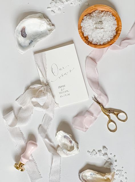 Pale Blush Wedding, Oyster Wedding, Wedding Flatlay, Wedding Flat Lay, Vow Book, Wedding Flats, Blush Wedding, Flat Lay, Our Wedding