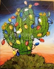 Christmas Tree Painting Canvases, Desert Doodles, Southwestern Paintings, Xmas Watercolor, Southwest Christmas, Paintings Diy, Painted Rock Cactus, Paint Christmas, Paint And Drink