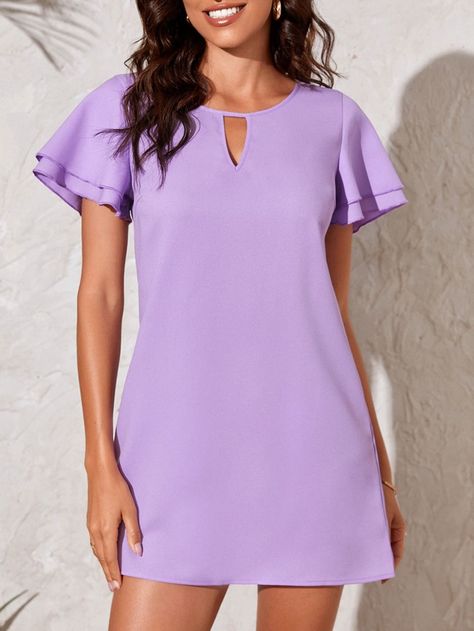 Simple Chiffon Dress, Dresses Lilac, Woman Blouse Casual, Plain Tunic, Shirred Waist Dress, Chiffon Shift Dress, Blouse Casual Fashion, Best African Dresses, Short African Dresses