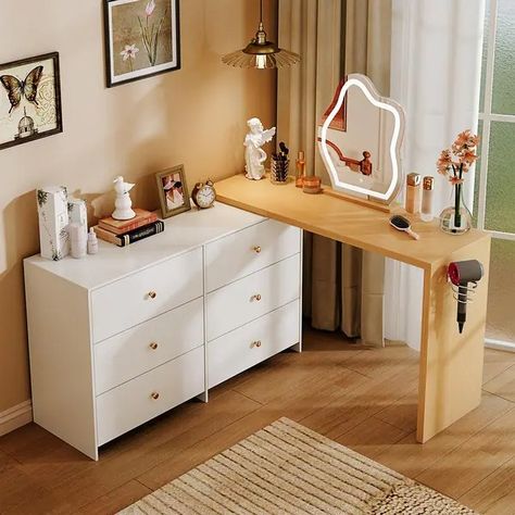 Wood Modern Corner Makeup Vanity Table,Gift for Girls and Women - Yellow - Bed Bath & Beyond - 40493390 Corner Makeup Vanity, Girls Dressing Table, Makeup Vanity Table, Mirrored Vanity Desk, Vanity Benches, Makeup Table Vanity, Sideboard Storage Cabinet, Black Vanity, Makeup Table