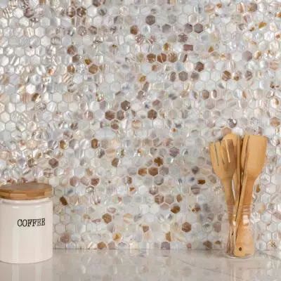 Seashell Mosaic, Shell Mosaic Tile, Penny Round Mosaic, Fireplace Facade, Shell Mosaic, Merola Tile, Marble Mosaic Tiles, Mosaic Wall Tiles, Accent Tile