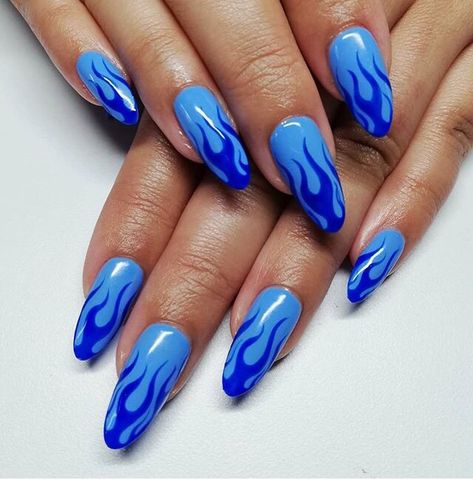 Blue Flame Nails, Flame Nails, Flame Nail Art, Clear Acrylic Nails, Blue Acrylic Nails, Edgy Nails, Blue Nail Art, Blue Flame, Nails Blue