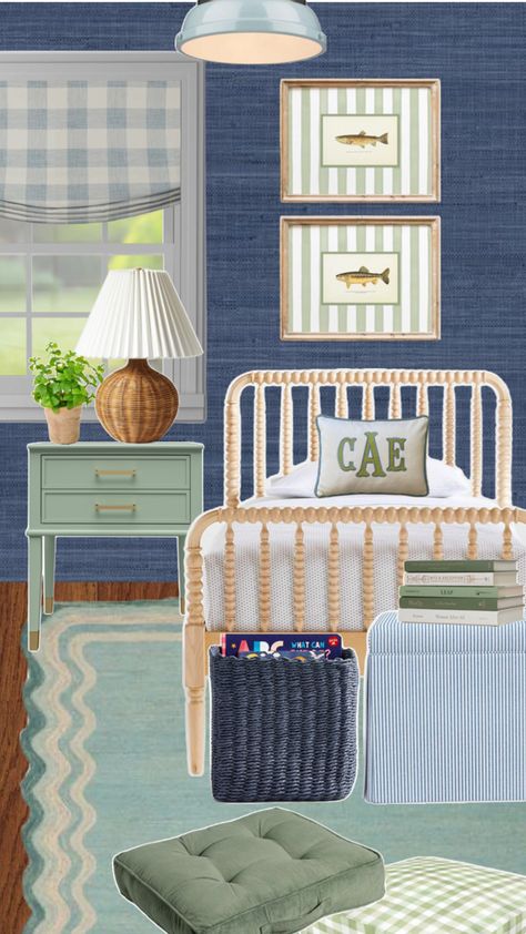 Boys bedroom decor featuring vintage trout artwork with striped details, blue green color scheme, and a wooden bed Grandmillenial Boys Bedroom, Blue And Green Nautical Bedroom, Blue Toddler Room, Classic Boys Room Wallpaper, Blue Green Color Scheme, Blue Striped Headboard, Blue Kids Bedroom, Trout Artwork, Blue Striped Wallpaper Bedroom