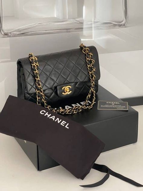 CHANEL Vintage 2.55 BLACK Double Flap Small Classic Handbag Lambskin Circa 1994 Vintage Chanel Bag, Chanel Box, Chanel Logo, Classic Handbags, Vintage Couture, Chanel Vintage, Classic Bags, French Brands, Vintage Chanel