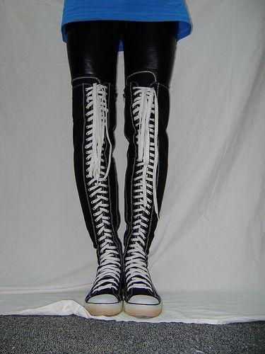 converse lookalike thigh high by allstarfan, via Flickr Thigh High Converse, Knee High Timberland Boots, Knee High Sneakers, High Converse, Knee High Converse, Converse Style Women, Converse Boots, Galaxy Shoes, Thigh High Suede Boots