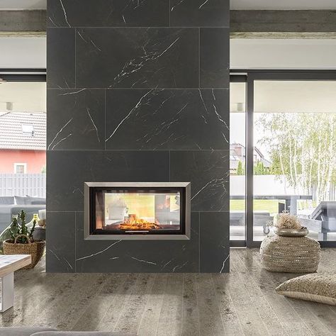 Classentino Marble in Centurio Black Marazzi (@marazzitile_usa) • Instagram photos and videos Tiled Fireplace Wall, Fireplace Modern Design, Fireplace Tile Surround, Black Fireplace, Contemporary Fireplace, Romantic Home Decor, Fireplace Remodel, Home Fireplace, Marble Fireplaces