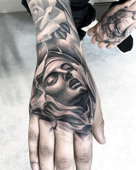 Greek Hand Tattoo, Christian Hand Tattoos, Realism Hand Tattoo, Mary Hand Tattoo, Bernini Tattoo, Virgin Mary Hand Tattoo, Angel Hand Tattoo, Lil B Tattoo, Japanese Cloud Tattoo