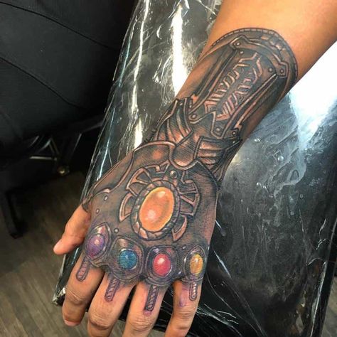 Thanos Gauntlet Tattoo, Marvel Hand Tattoo, Infinity Stones Tattoo, Infinity Gauntlet Tattoo, Marvel Sleeve Tattoo, Thanos Tattoo, Gauntlet Tattoo, Thanos Hand, Marvel Tattoo Sleeve