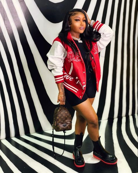 I A M P O S H on Instagram: “Good for his heart, bad for his pockets😈 Install | @_travelinshears Wig | @kendrasboutique 📸 @fern6ndez” Varsity Jacket Outfit, Mini Tube Dress, Jacket Outfit, Autumn Outfits, Letterman Jacket, Red Midi Dress, Little White Dresses, Baseball Jacket, Swag Outfits