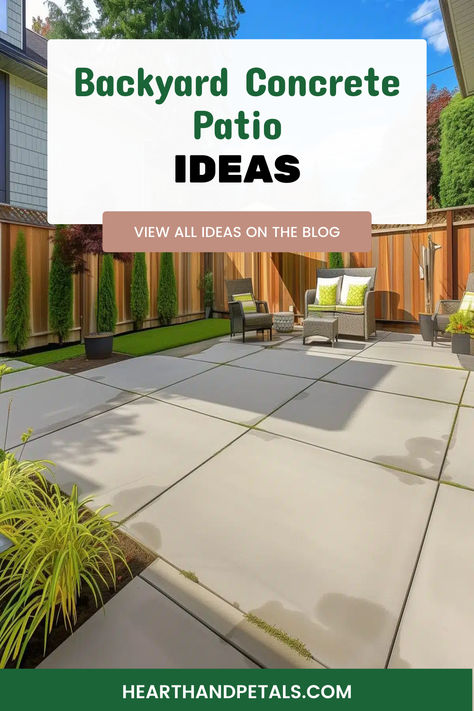 Stylish backyard with a concrete patio featuring a seating area with comfortable chairs and lush greenery, perfect for outdoor relaxation and entertainment. Cement Patio Ideas Backyard Modern, Backyard Landscaping Concrete Patio, Unique Concrete Patio Ideas, Concrete Patterns Patio, Back Patio Ideas On A Budget Concrete, Concrete Block Patio Ideas, Concrete Design Patio, Back Yard Cement Idea, Colored Concrete Patio Ideas