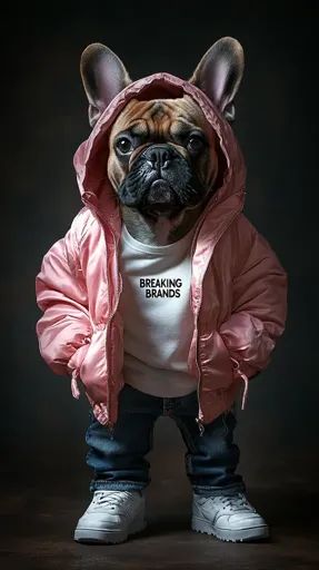 ↑↑↑ Larger size on website 🔸 A French Bulldog, dressed in a pink hooded jacket, white t-shirt with the words "Breaking Brands" on Long Haired French Bulldog, Football Hooligan, Serious Expression, Animal Dress Up, Arte Punk, Dog Pics, Animal Designs, Stylish Outfit, Animal Design