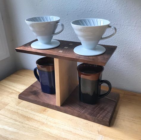 Two cup coffee pour over stand. Maple and walnut with through tenon joinery ☕️☕️ #coffee #pdxcoffee #portlandcoffee #pourovercoffee #pouroverstand #pourover #pourovercoffeestand #walnut #maple #throughtenon #throughtenons Coffee Pour Over Stand, Coffee Dripper Stand, Two Cups Of Coffee, Drip Coffee Stand, Coffee Organization, Pretty Pottery, Wooden Box Diy, Coffee Station Kitchen, Coffee Stand