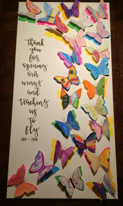 Kindergarten project || Thank you for opening out wings and teaching us to fly || Teacher butterfly quote || Teacher appreciation Leaving Card For Teachers, Kindergarten Gifts For Teacher, Teacher Appreciation Art Ideas, Gift Kindergarten Teacher, New Year Card For Teacher, Classroom Thank You Card Ideas, Teacher Butterfly Quotes, Thankful Cards For Teachers, Teacher Appreciation Cards From Kids Diy Cute Ideas