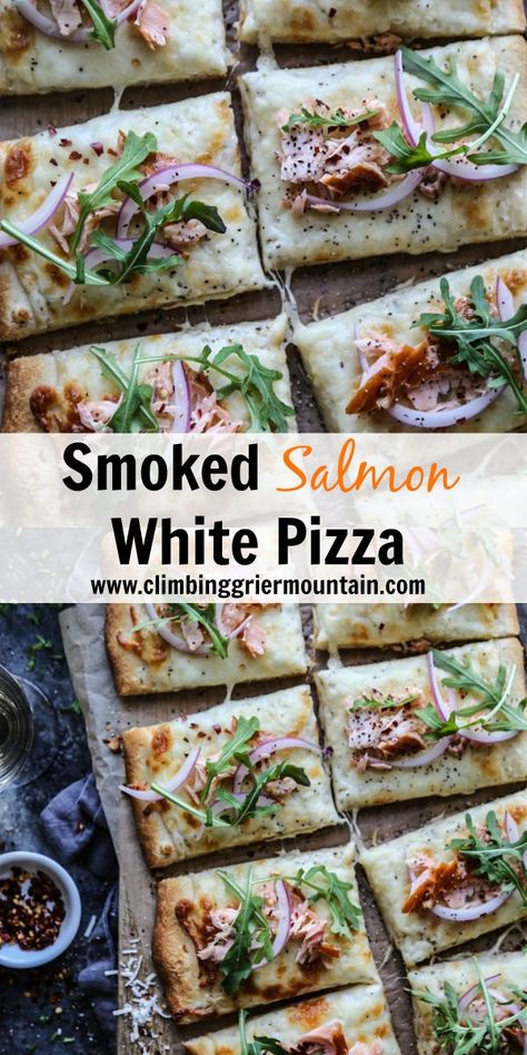 Salmon Flatbread, Smoked Salmon Pizza, Salmon Pizza, Smoked Oysters, Cheesy Pizza, White Pizza, Traditional Recipes, Smoked Fish, Flatbread Pizza