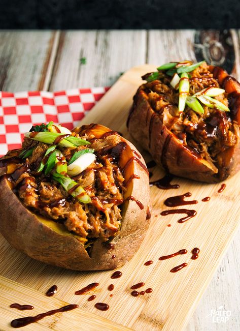 Missing pulled pork sandwiches? Try them Paleo-style, with a sweet potato standing in for the bun! Pork Stuffed Sweet Potatoes, Paleo Pork, Stuffed Sweet Potatoes, Dinner Prep, Turkey Gravy, Deep Frying, Roast Dinner, Recipe 30, Paleo Dinner