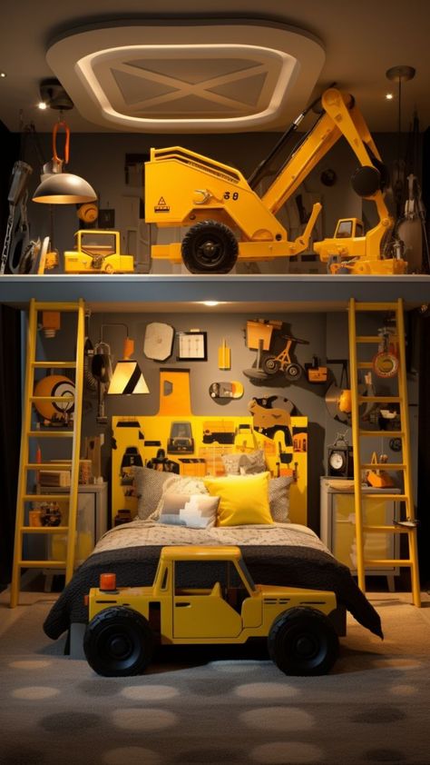 Kids Room Idea Construction Theme Bedroom, Construction Bedroom, Toy Tools, Construction Zone, Construction Theme, Toddler Bedrooms, Room Idea, Yellow Accents, Boys Bedrooms