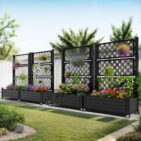 Latitude Run® Black Planter Box with Trellis and Lockable Wheels | Wayfair Large Planter Boxes, Planter Box With Trellis, Planter Window, Planter Trellis, Black Planters, Garden Planter Boxes, Barrel Planter, Colourful Flowers, Outdoor Planter