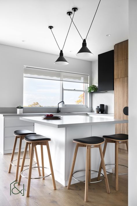 modern kitchen with square island in the centre, timber and black leather stools surround the island with black pendant lighting.  Warm timber veneer bring perfect warmth to the space Brick Restoration, Square Island, Kitchen Layouts, All White Kitchen, Dark Shades, Red Bricks, Kitchen Layout, Interior Design Projects, All White