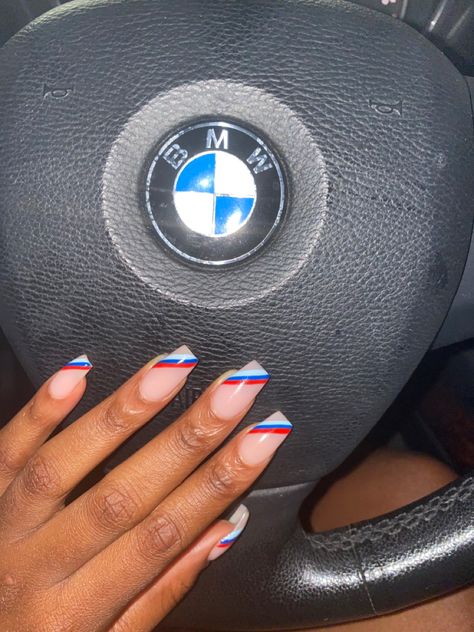 Bmw Acrylic Nails, Bmw Nails Design White, Bmw Inspired Nails, Red White Blue French Nails, Red Blue White Nails, Black White And Blue Nails, Red And Blue Nails Acrylic, Car Inspired Nails, Bmw Nails Art