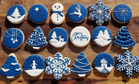 Winter Cookies Decorated, Christmas Cookie Cake, Christmas Sugar Cookies Decorated, Winter Cookies, Holiday Sugar Cookies, Cute Christmas Cookies, Blue Cookies, Winter Cookie, Ornament Cookies