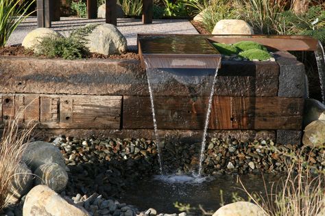 Railway Sleepers Garden, Pond With Waterfall, Unique Landscaping, Sleepers In Garden, Patio Pond, Diy Pond, Railway Sleepers, Pond Waterfall, Garden Screening