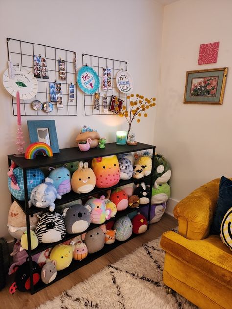 Squishmallow display, stuffed animal, teen bedroom, bedroom design. Bedroom Squishmallow, Squishmallow Display, Yellow Sofa, Teen Girl Room, Teen Girl Bedroom, Room Ideas Aesthetic, Playroom Storage, Autumn Crafts, Room Makeover Bedroom