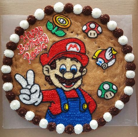 Super Mario Cookie Cake Super Mario Bros Cookie Cake, Super Mario Cookie Cake, Mario Cookie Cake, Mario Sheet Cake, Nintendo Birthday Party, Felix Birthday, Boys 8th Birthday, Mario Crafts, Mario Bros Cake