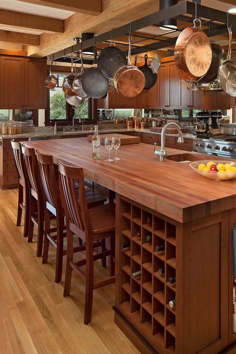 36+ Captivating Kitchens With Butcher Block Countertops Kitchens With Butcher Block Countertops, Craftsman Style Kitchen, Modern Wine Rack, Wood Countertops Kitchen, Craftsman Kitchen, Pot Rack Hanging, Eclectic Kitchen, Kitchen Cabinet Styles, Kitchen And Bath Design