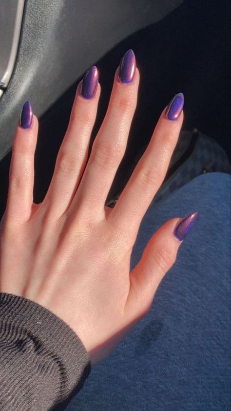 Dark Purple Chrome Nails Designs, Darker Purple Nails, Purple Nail Designs Dark, Round Acrylic Nails Purple, Dark Purple Gel Nails Ideas, Short Almond Nails Dark Colors, Dark Purple Iridescent Nails, Dark Purple Nails Chrome, Dip Purple Nails